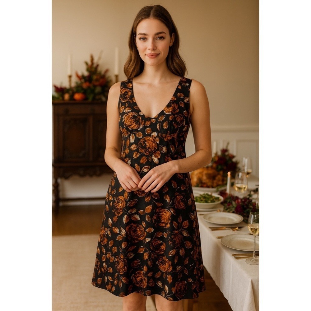 TIBI Floral Silk Dress Roses Retro Black Orange Empire Bodice Party‎ Holidays 2